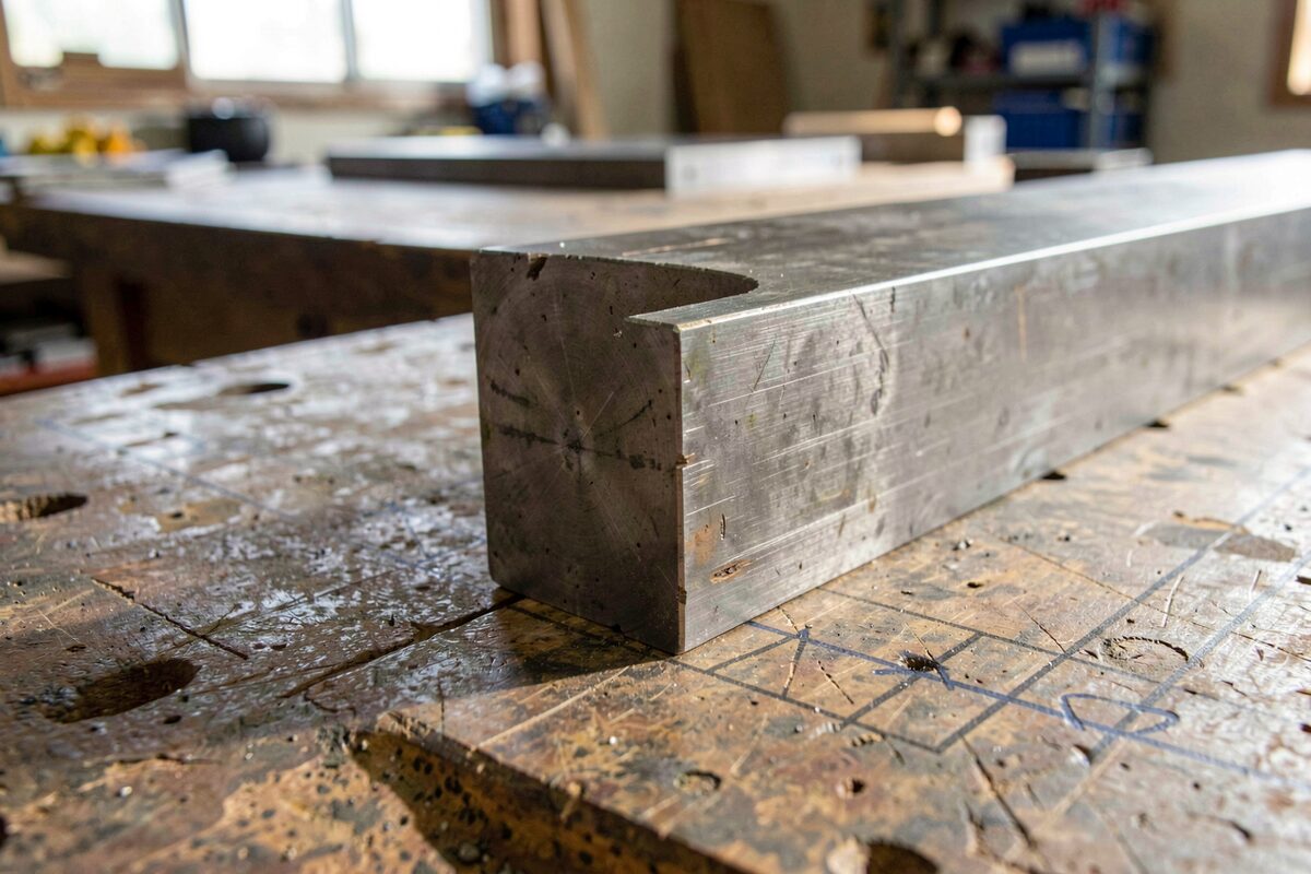 A steel beam end with a cope cut resting on a fabrication shop workbench with layout marks visible.