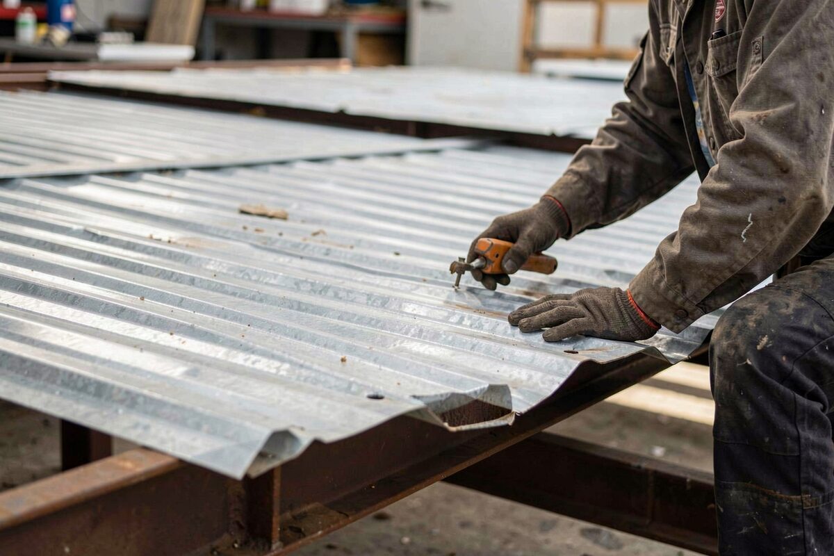 Corrugated metal decking sheets being placed on a steel frame with a worker fastening them, trees bending in wind behind.