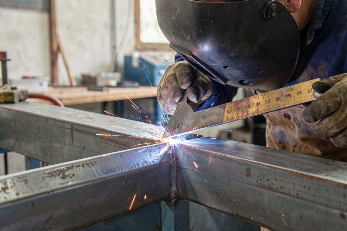 A welder checking the gap between two beveled steel plates with a taper gauge before welding.