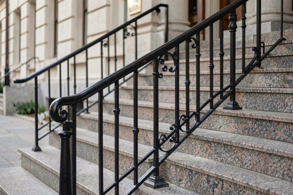 A black ornamental steel rail mounted on granite steps