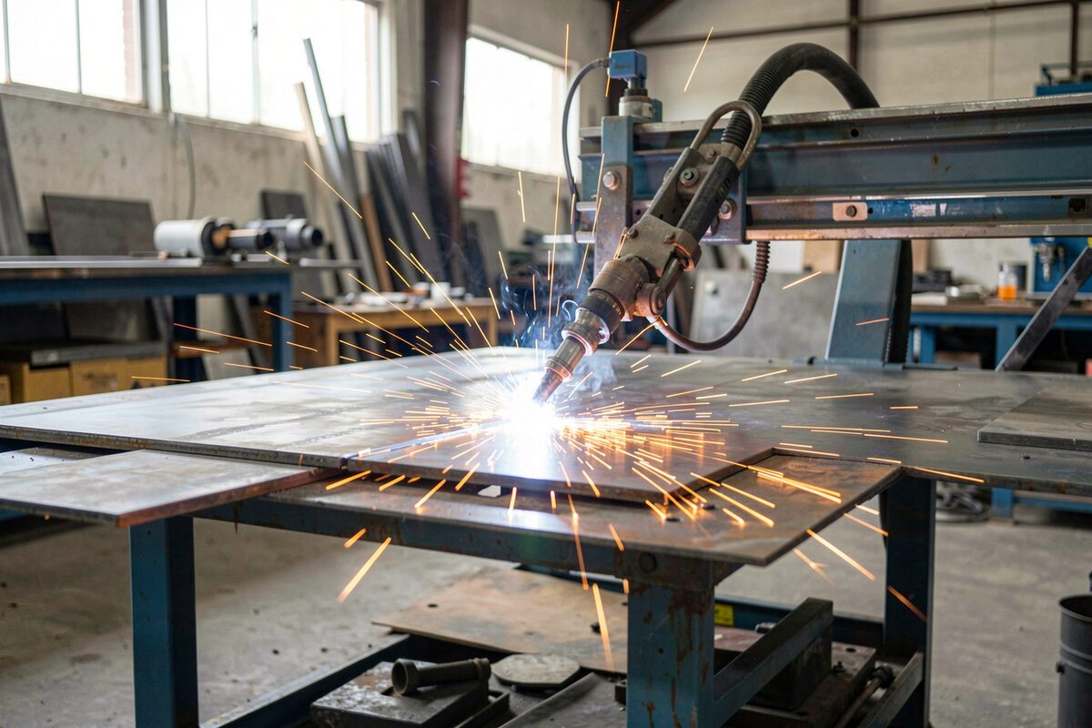 A plasma table cutting a steel plate in a fabrication shop