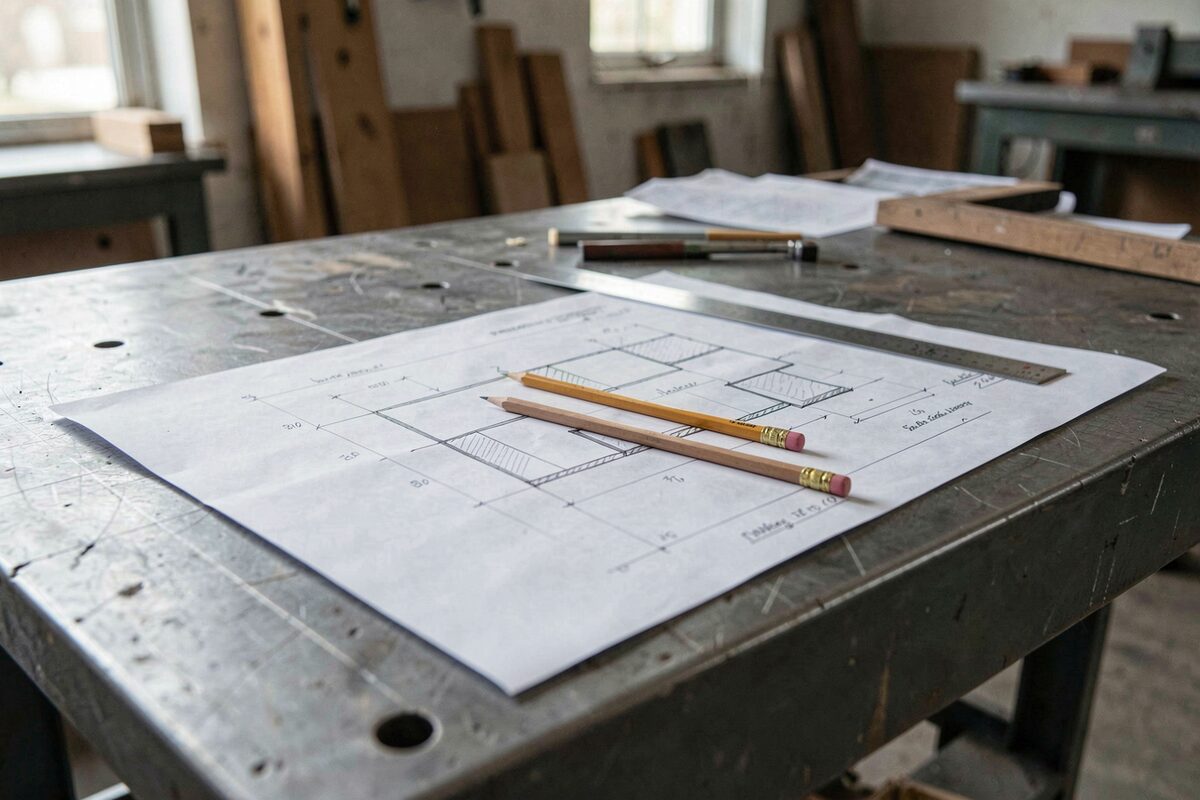 A shop drawing spread on a steel worktable with a steel rule and a carpenter pencil on top.