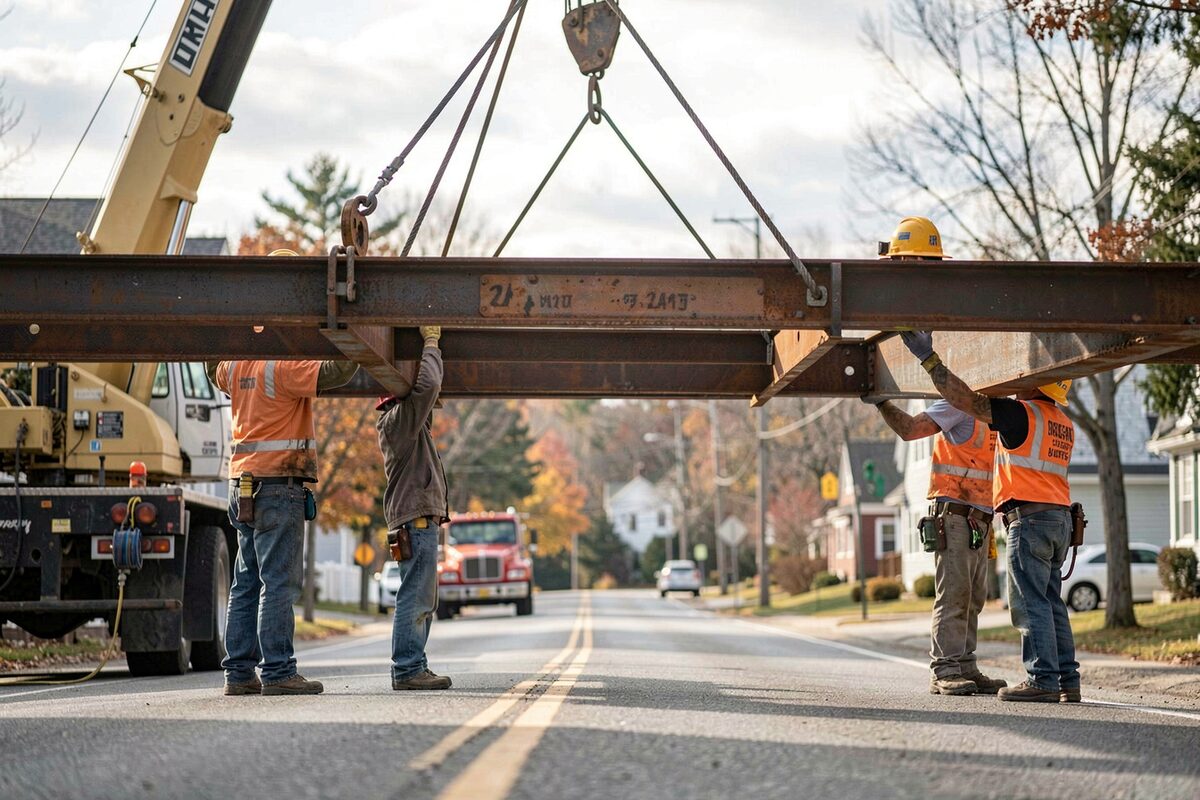 Ironworkers guiding a steel beam into place above a New England road