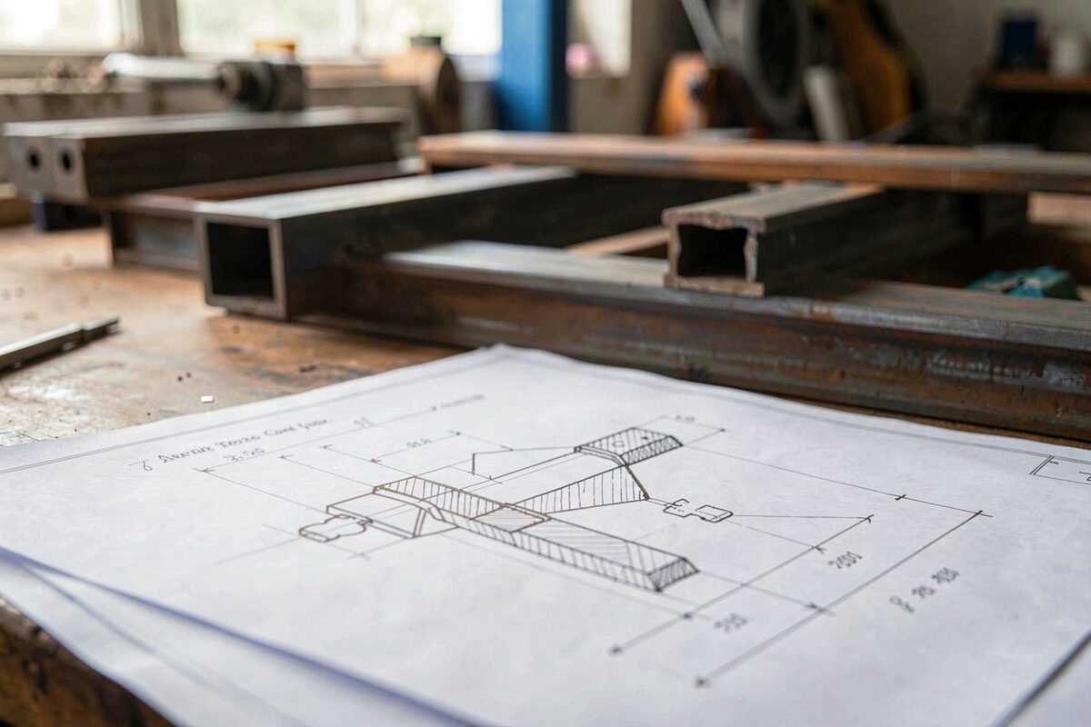 A welding detail drawn on a shop drawing sheet with a steel assembly in the background.