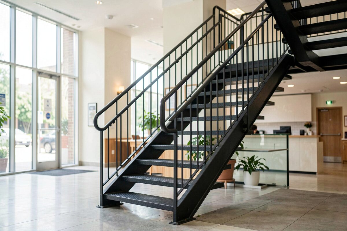 A new steel stair with black metal railings inside a bright public building lobby.