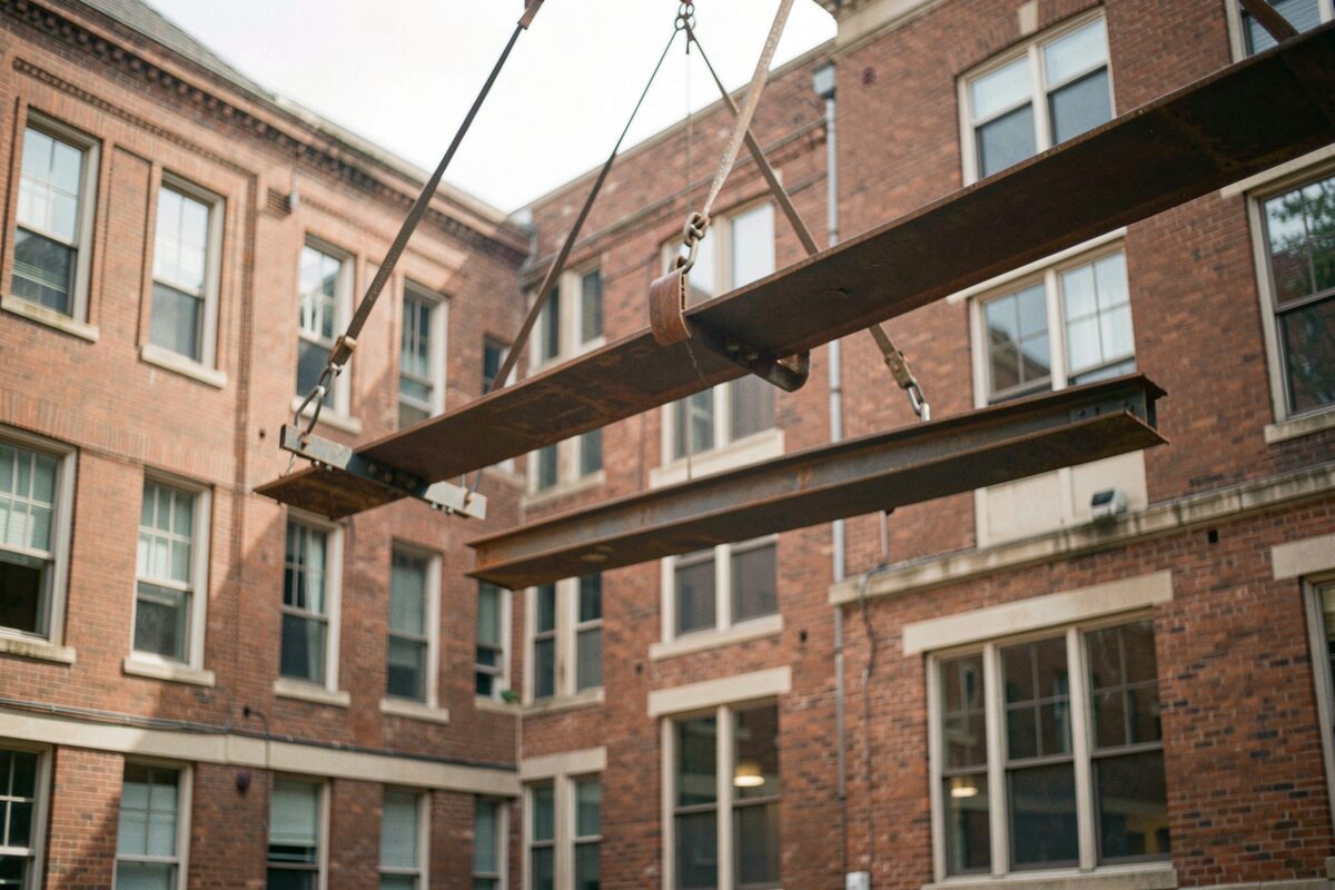 A steel beam being lifted by a crane next to an occupied brick institutional building.