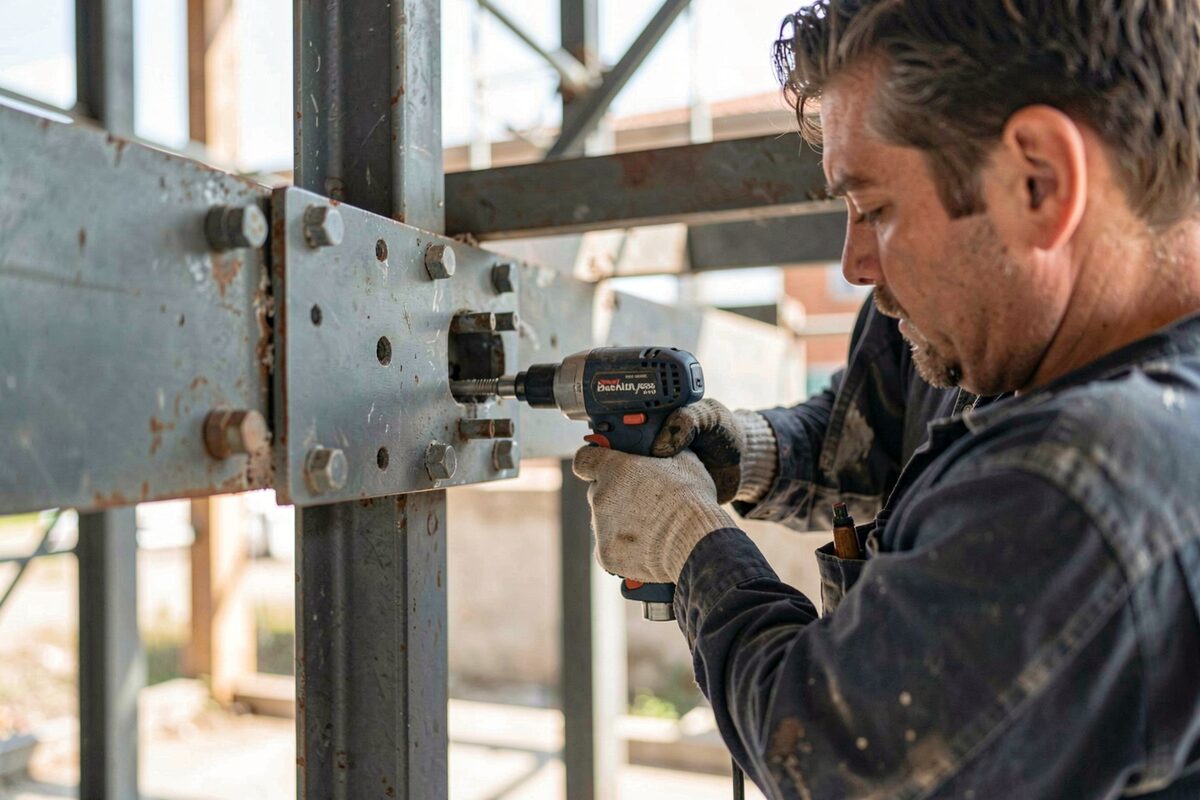 A worker using an impact wrench on a bolted steel connection plate on a building frame.