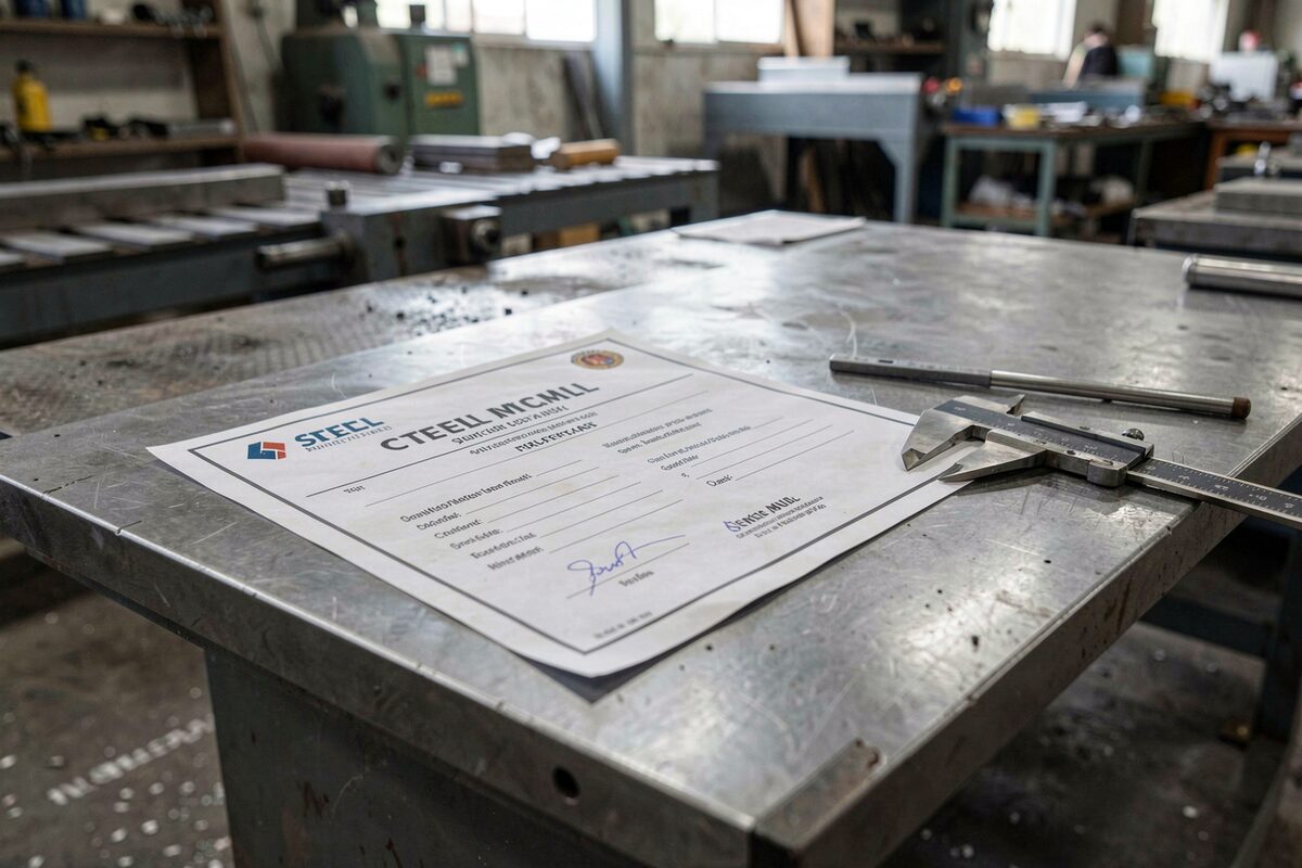 A steel mill certificate sheet lying on a steel plate in a fabrication shop with a caliper beside it.