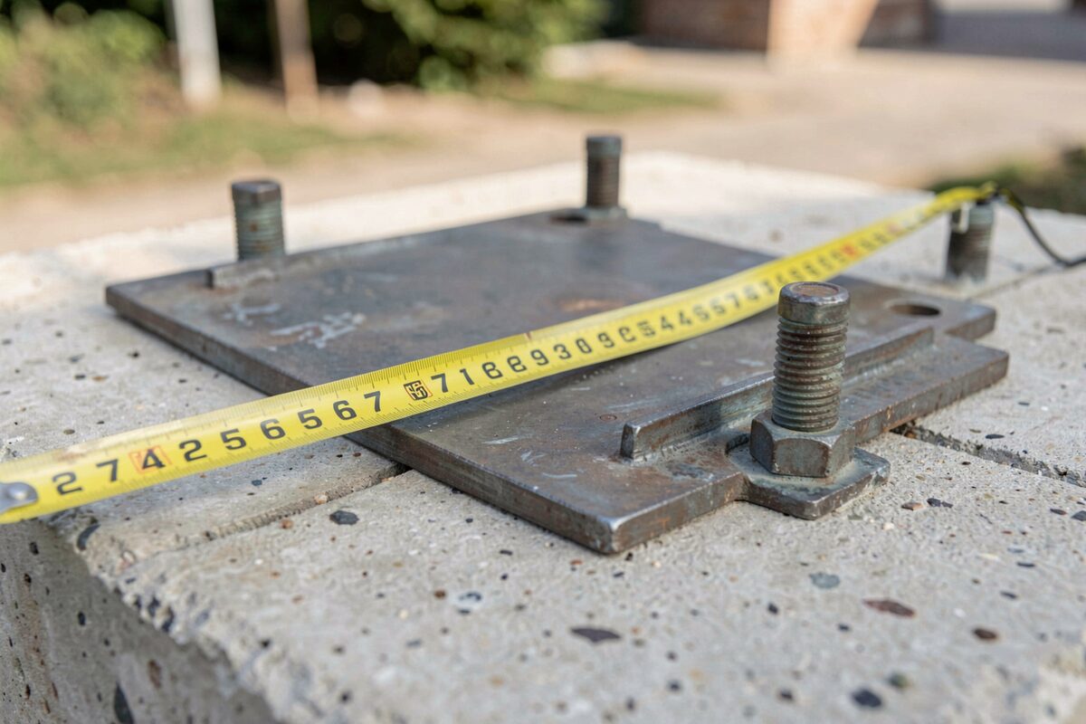 A steel base plate on a concrete foundation with anchor bolts and a measuring tape laid across it.