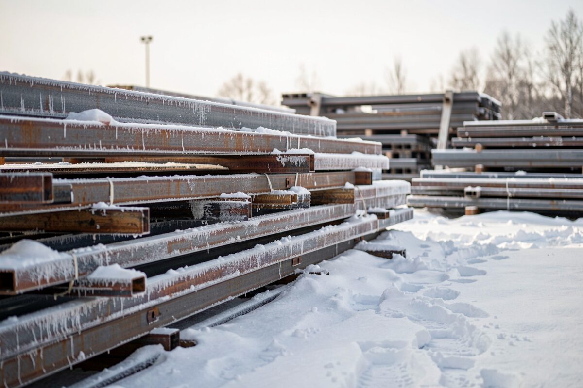 A steel fabrication yard in winter with frost on stacked steel beams and snow on the ground.
